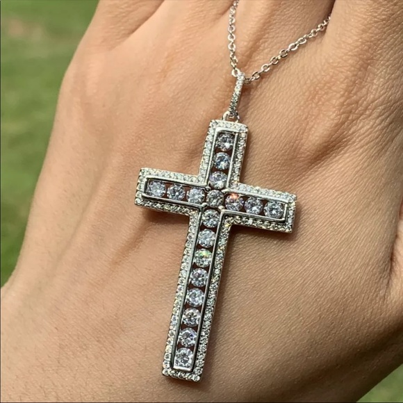 New 925 Silver Men Women Luxury Cross Diamond Necklace - Picture 2 of 16